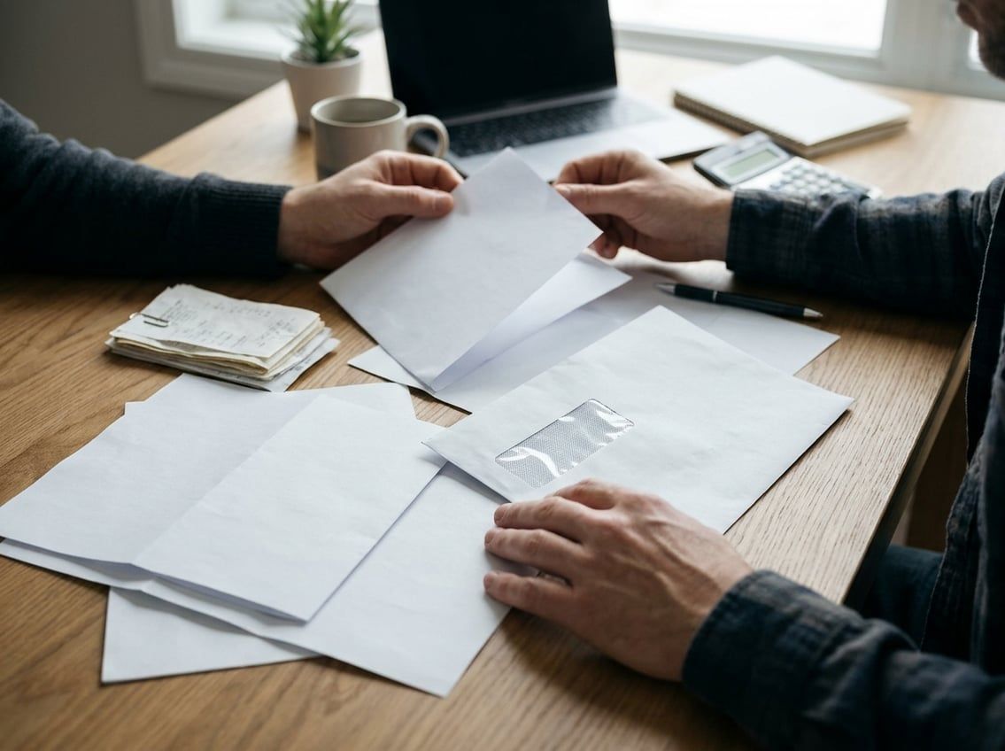A person reviews papers beside an envelope, calculator, and organized receipts on a desk.