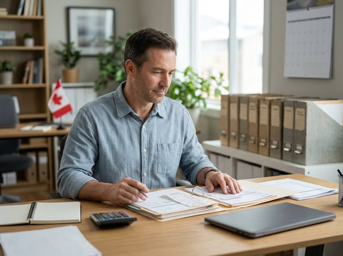 A business owner reviews organized financial documents at a desk.