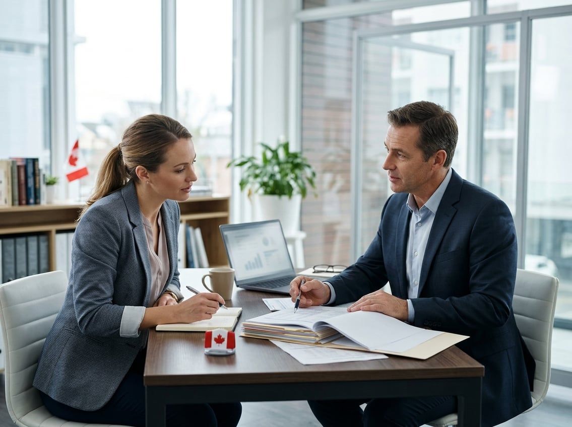 A business owner reviews financial documents with a legal professional at a desk.