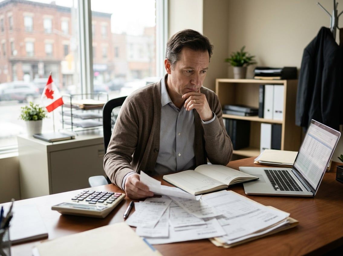 A small business owner reviews receipts and invoices at a desk.