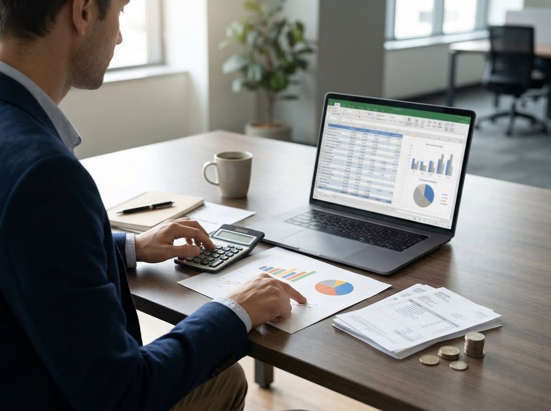 A finance professional reviews financial charts at a desk with a laptop, calculator, papers, and coins.