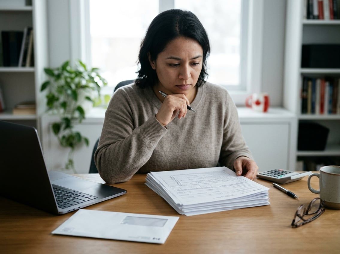 A person reviews tax paperwork at a home-office desk.