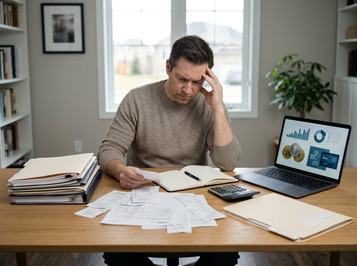 A business owner reviews receipts and financial papers beside a laptop and calculator.