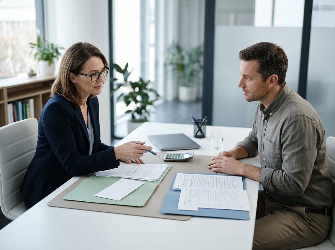 A tax professional and client compare two folders of financial documents at a desk.