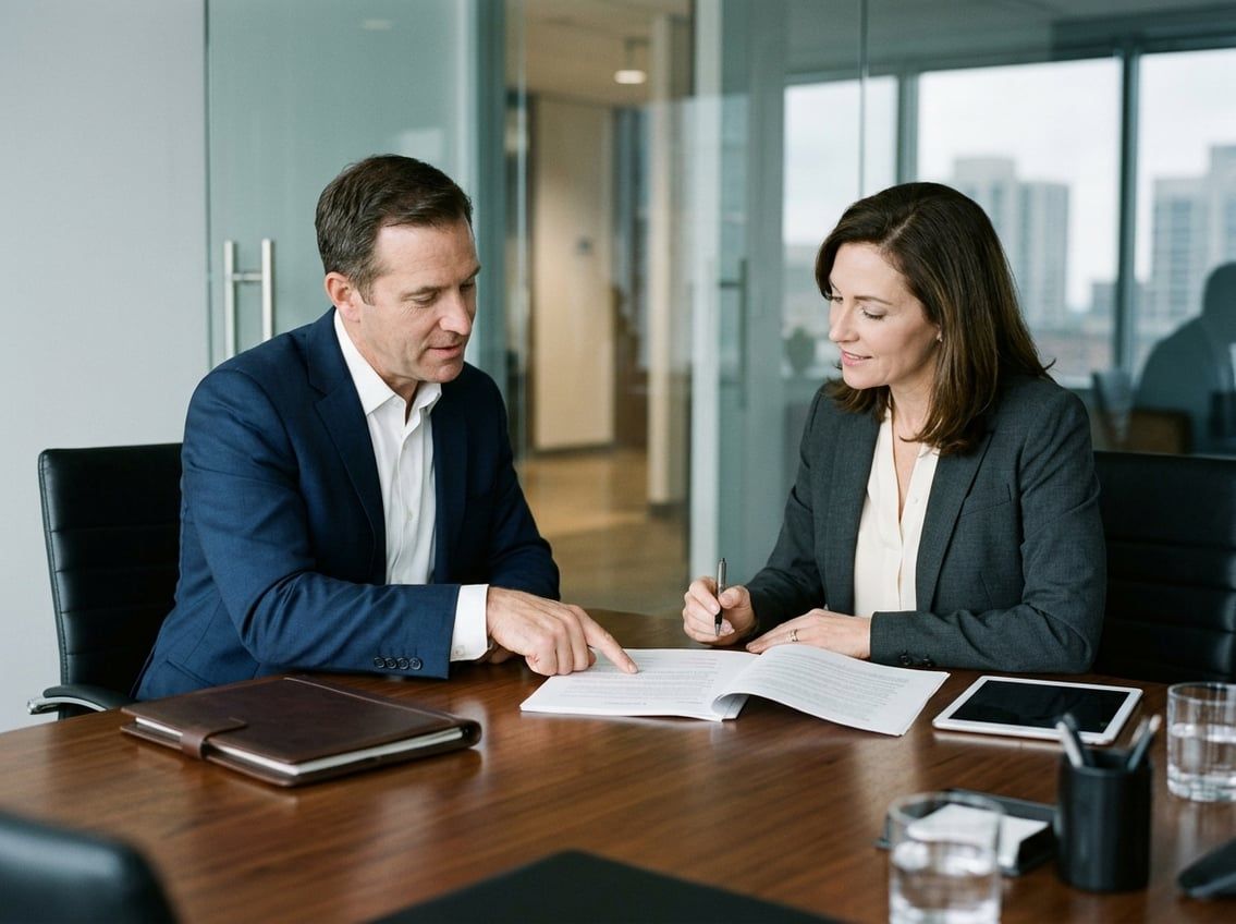 Two business professionals review a contract together at a conference table.