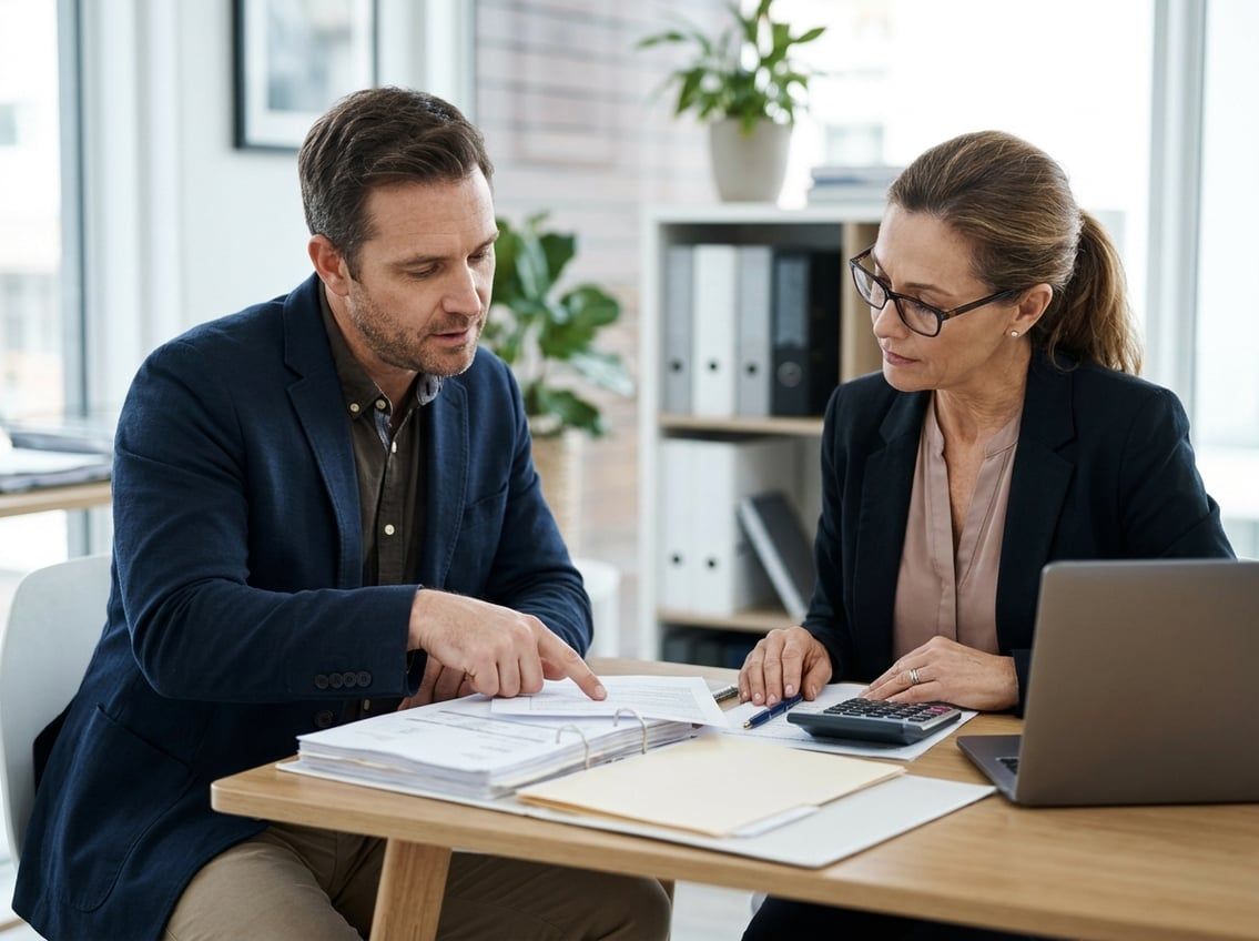 A business owner and tax professional review financial papers together at an office desk.