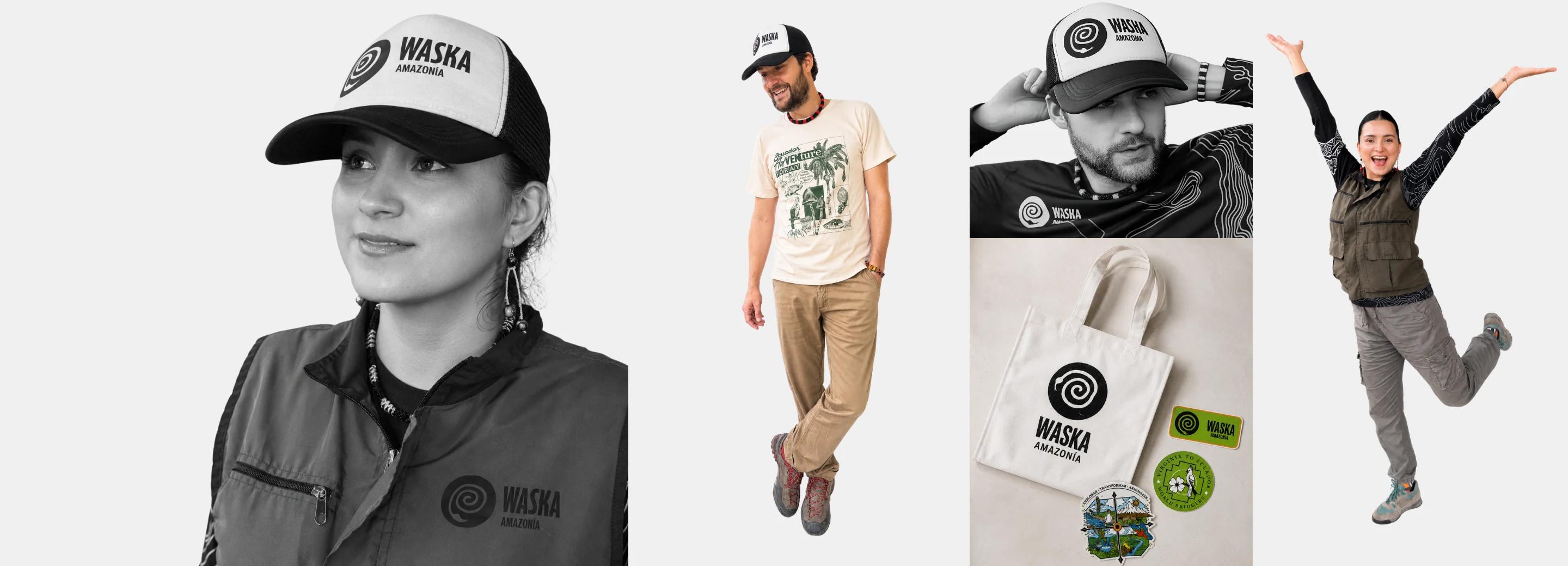 Modelos usando gorras, camisetas y bolso Waska Amazonía