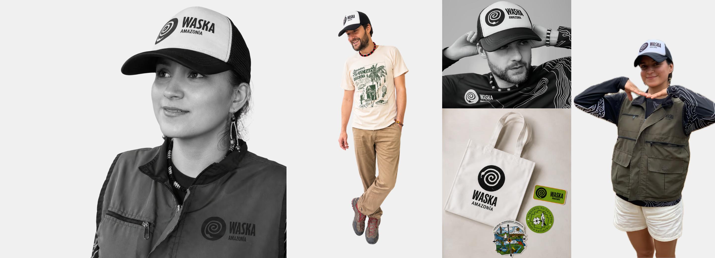 Modelos usando gorras, camisetas y bolso Waska Amazonía