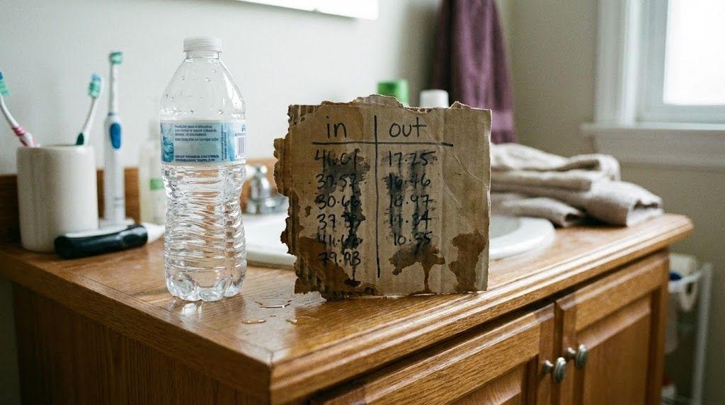 A soggy piece of cardboard with handwritten "in" and "out" columns tracking fluid intake and bathroom visits, propped up next to a water bottle on a bathroom counter - the inspiration for PeePal