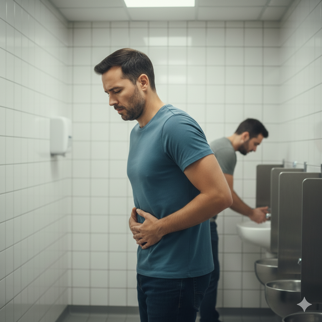 Man in some pain at a urinal