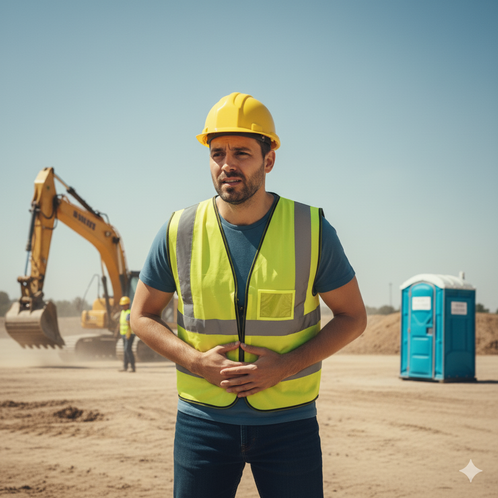 Man on a building site needing to pee