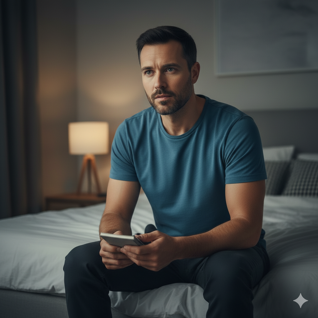 Man thinking on bed