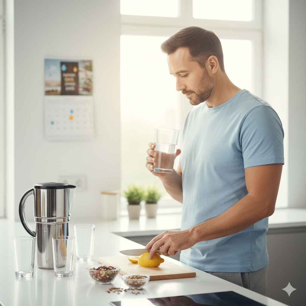 Man in kitchen with lemons