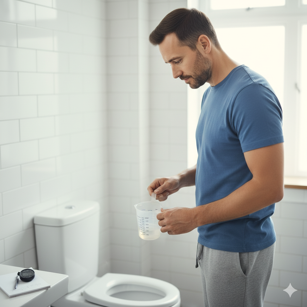 Man in the toilet measuring a weak pee