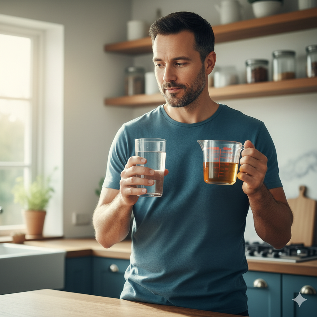 Man with a beaker of water and a jug of pee.