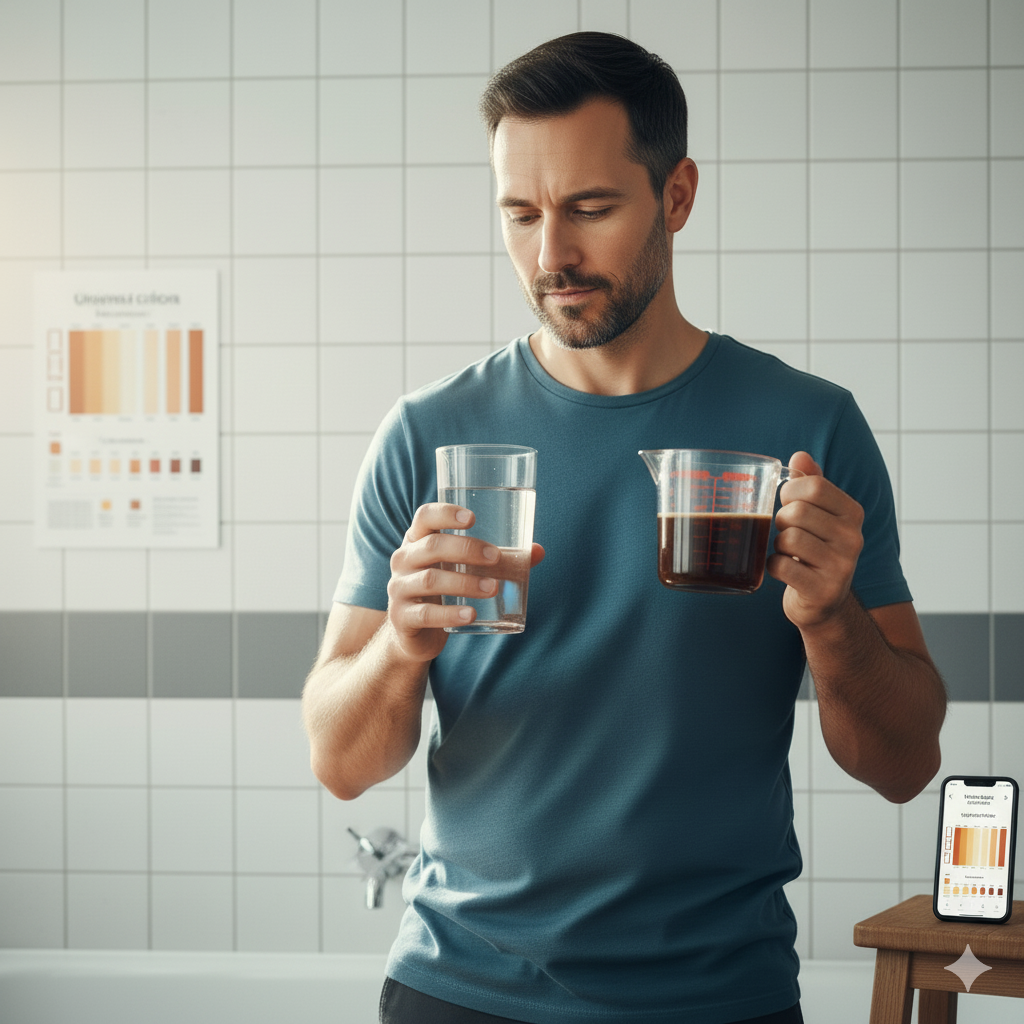 Man checking his pee colour