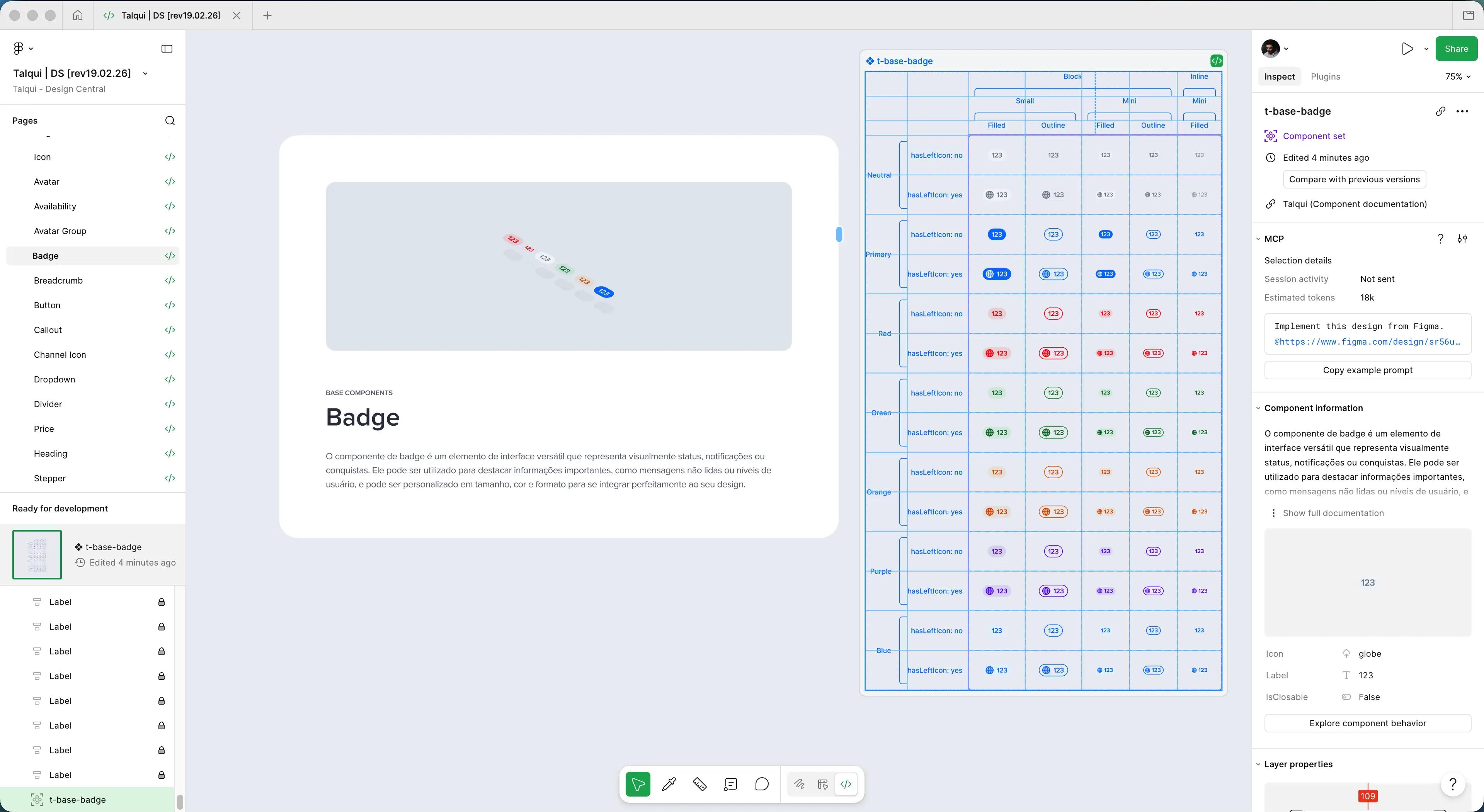 Componente Badge documentado no Figma
