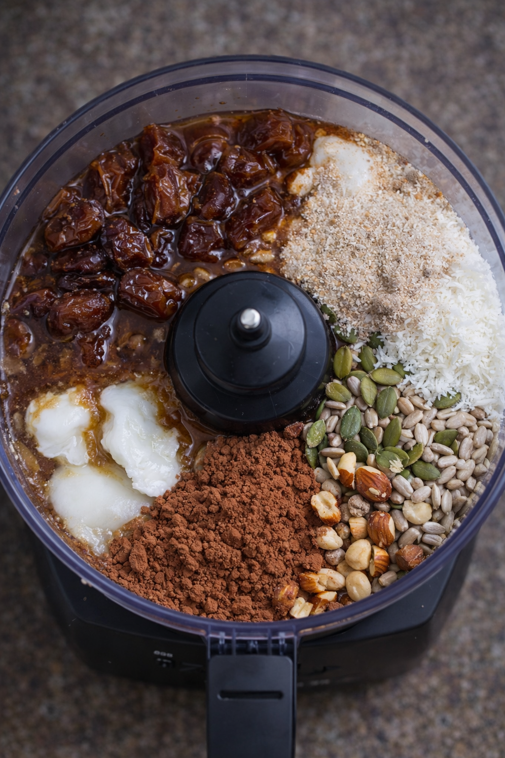 Food processor blending soaked dates, mixed nuts, seeds, coconut, oil, psyllium husk, and cacao for crunchy vegan breakfast bars recipe.