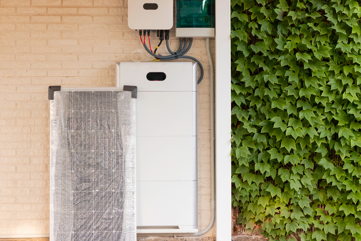 Residential solar battery storage system and inverter mounted on an exterior brick wall, with wiring visible and green ivy growing along the side.