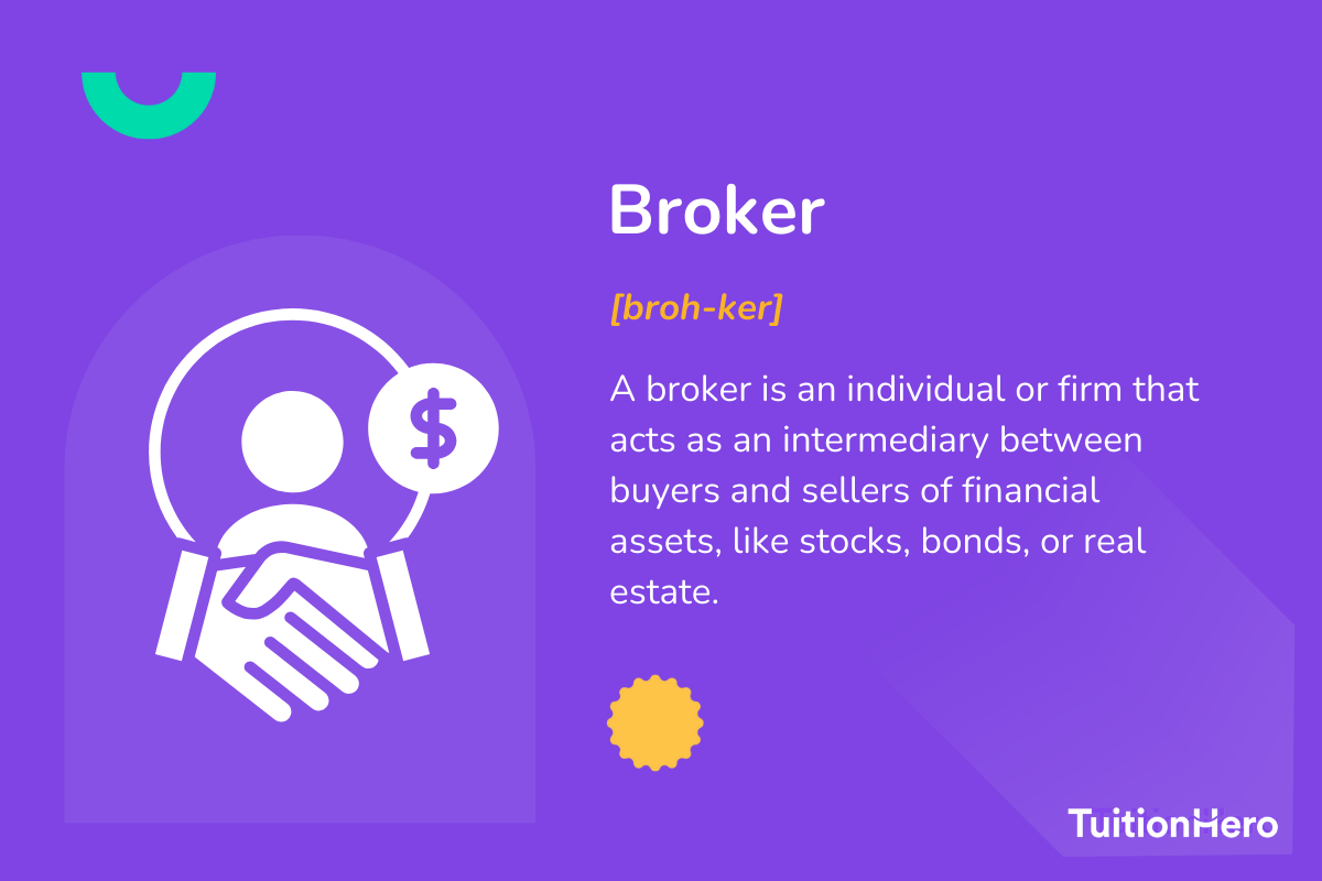 Broker: A broker is an individual or firm that acts as an intermediary between buyers and sellers of financial assets, like stocks, bonds, or real estate.png