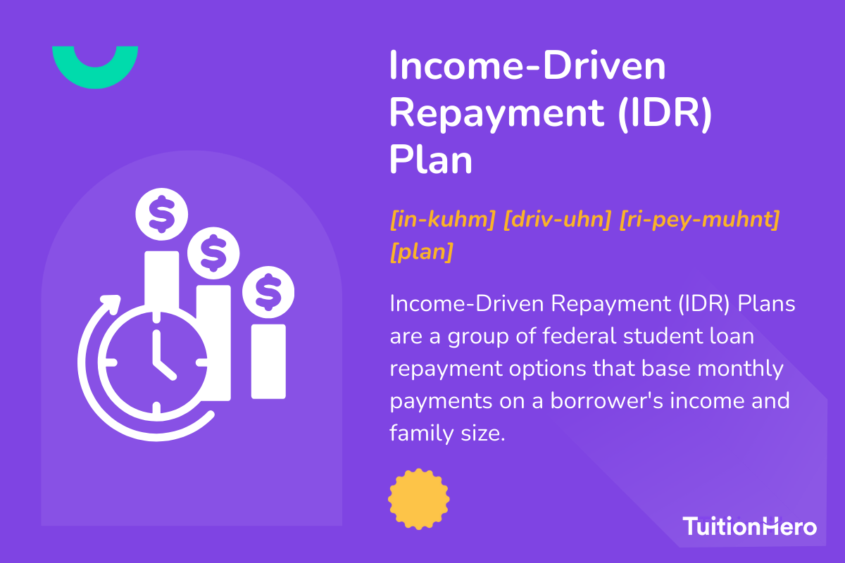 Income-Driven Repayment (IDR) Plan: Income-Driven Repayment (IDR) Plans are a group of federal student loan repayment options that base monthly payments on a borrower's income and family size.