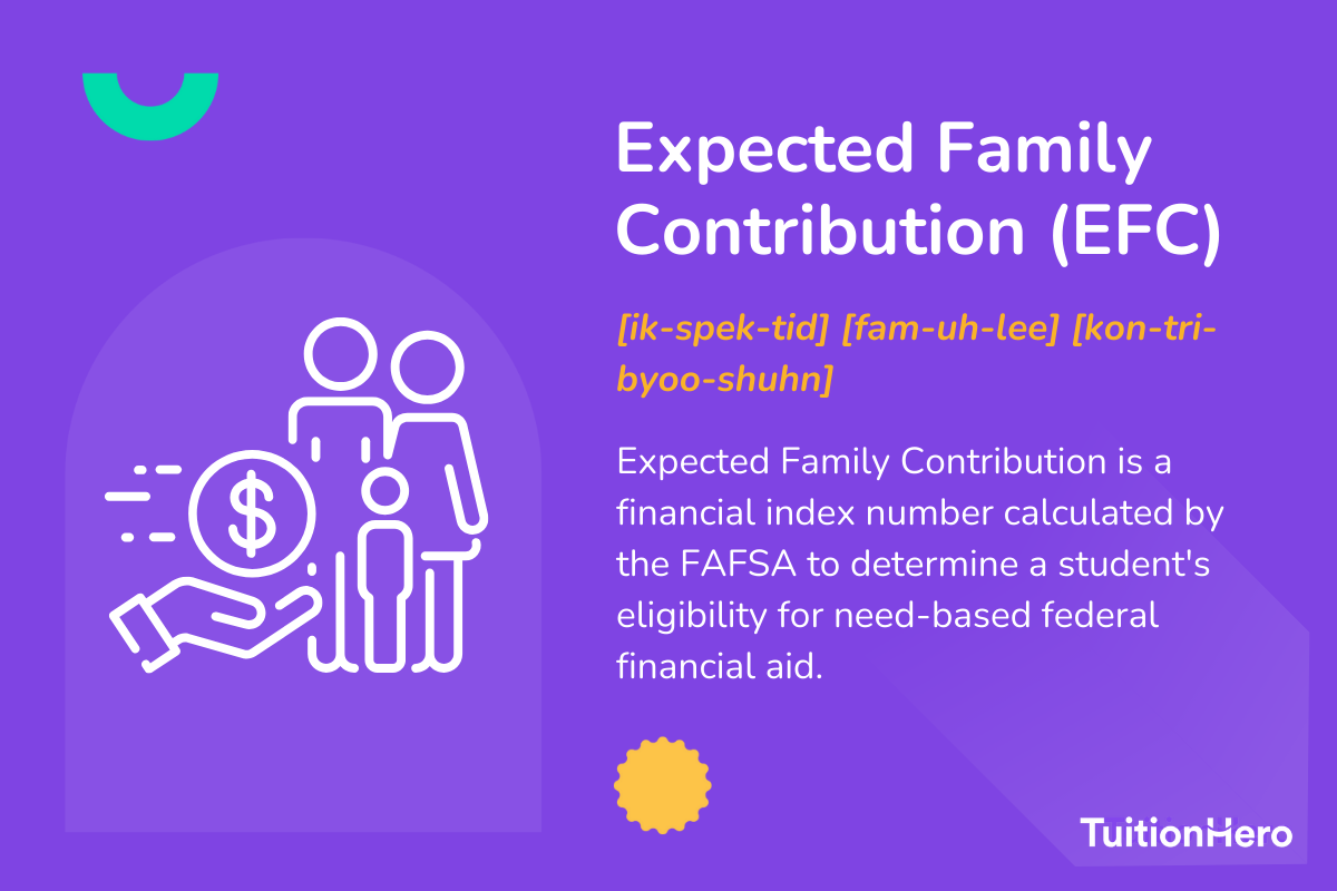 Expected Family Contribution (EFC): Expected Family Contribution is a financial index number calculated by the FAFSA to determine a student's eligibility for need-based federal financial aid.