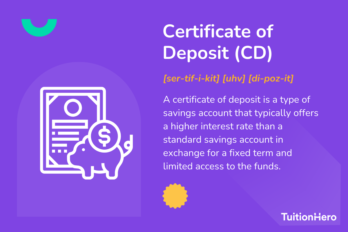 Certificate of Deposit (CD): A certificate of deposit is a type of savings account that typically offers a higher interest rate than a standard savings account in exchange for a fixed term and limited access to the funds.