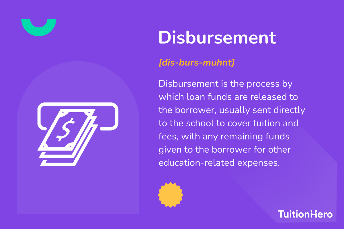 Disbursement: Disbursement is the process by which loan funds are released to the borrower, usually sent directly to the school to cover tuition and fees, with any remaining funds given to the borrower for other education-related expenses.