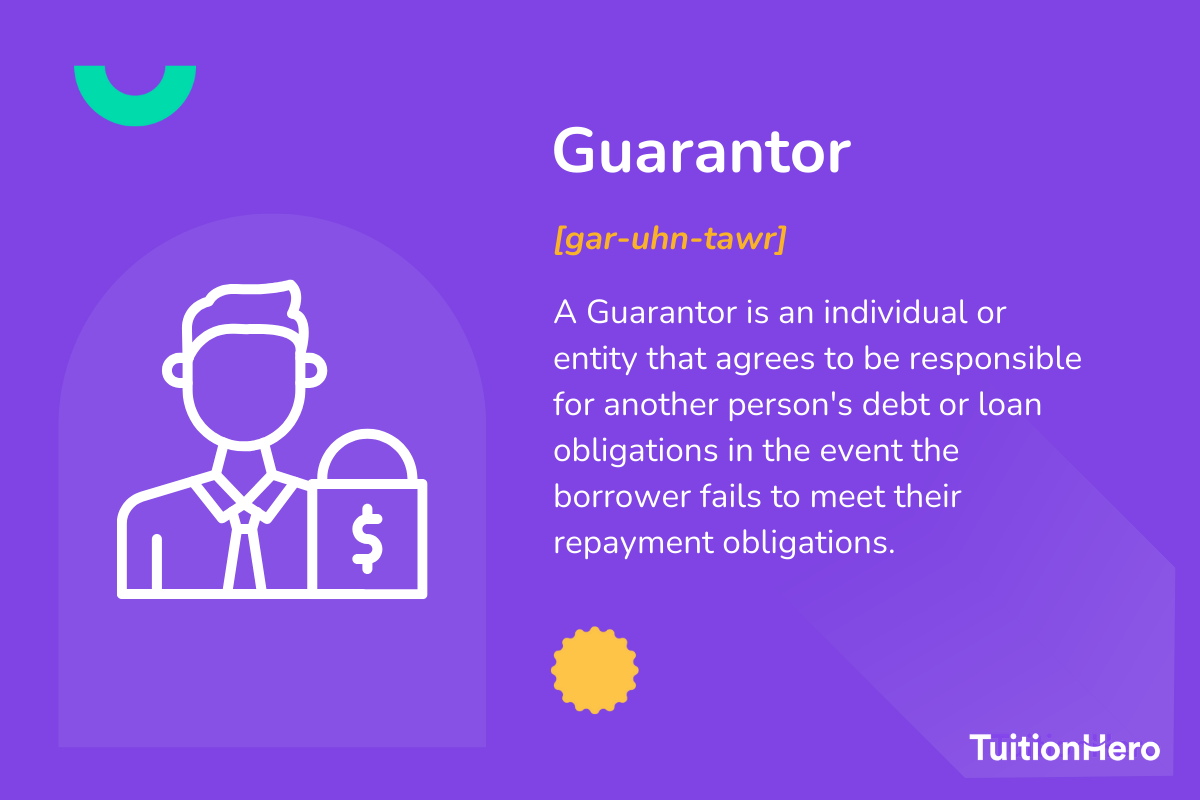 Guarantor: A Guarantor is an individual or entity that agrees to be responsible for another person's debt or loan obligations in the event the borrower fails to meet their repayment obligations.