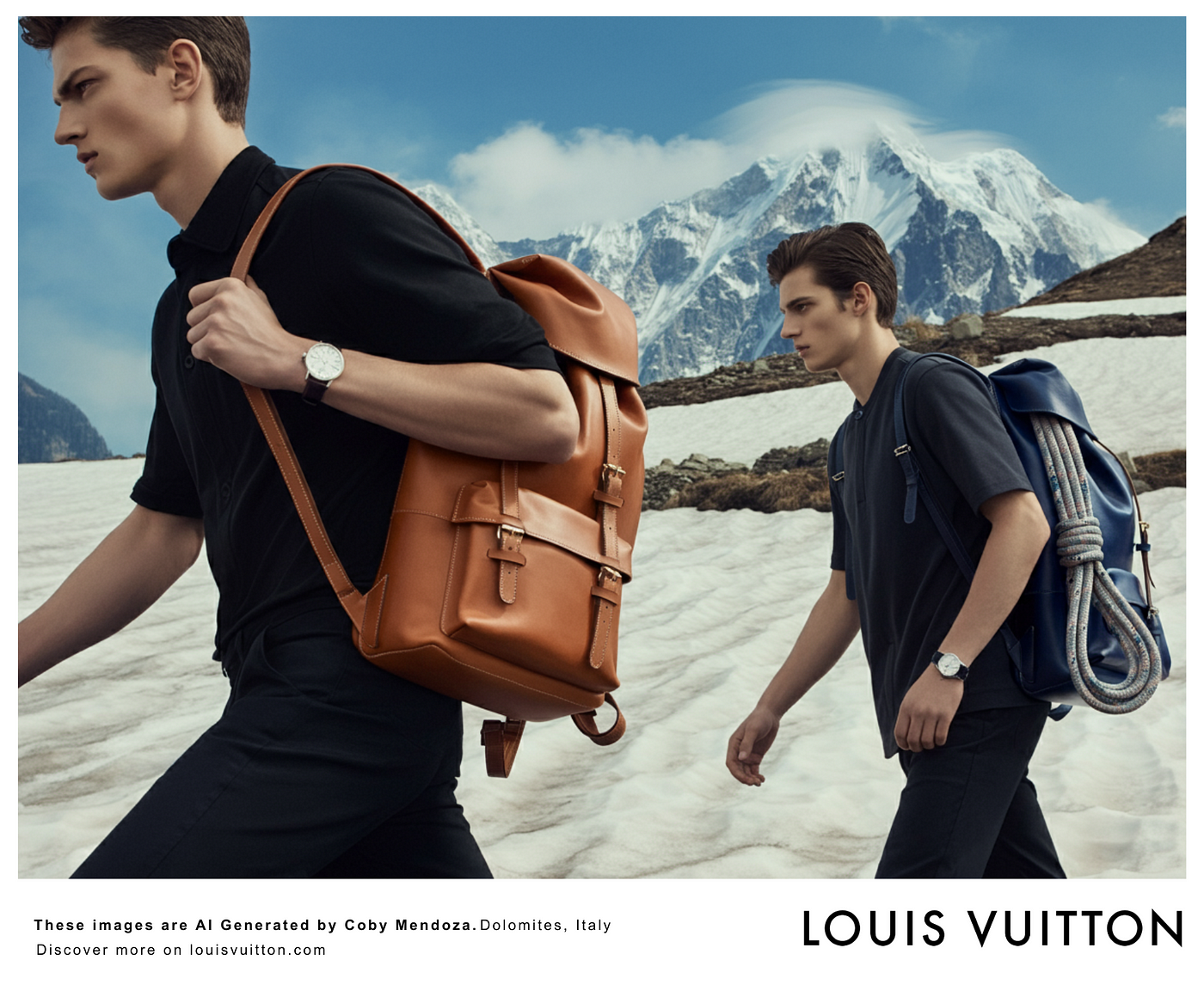 An AI-generated image by Coby Mendoza & Telum, recreating Annie Leibovitz’s Louis Vuitton ad campaign.