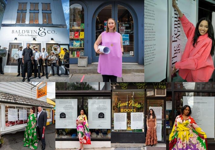 Participating bookstore owners in front of the window displays, each clad in Valentino looks.