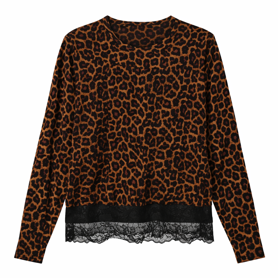 Leopard Print Lace Trim Crew