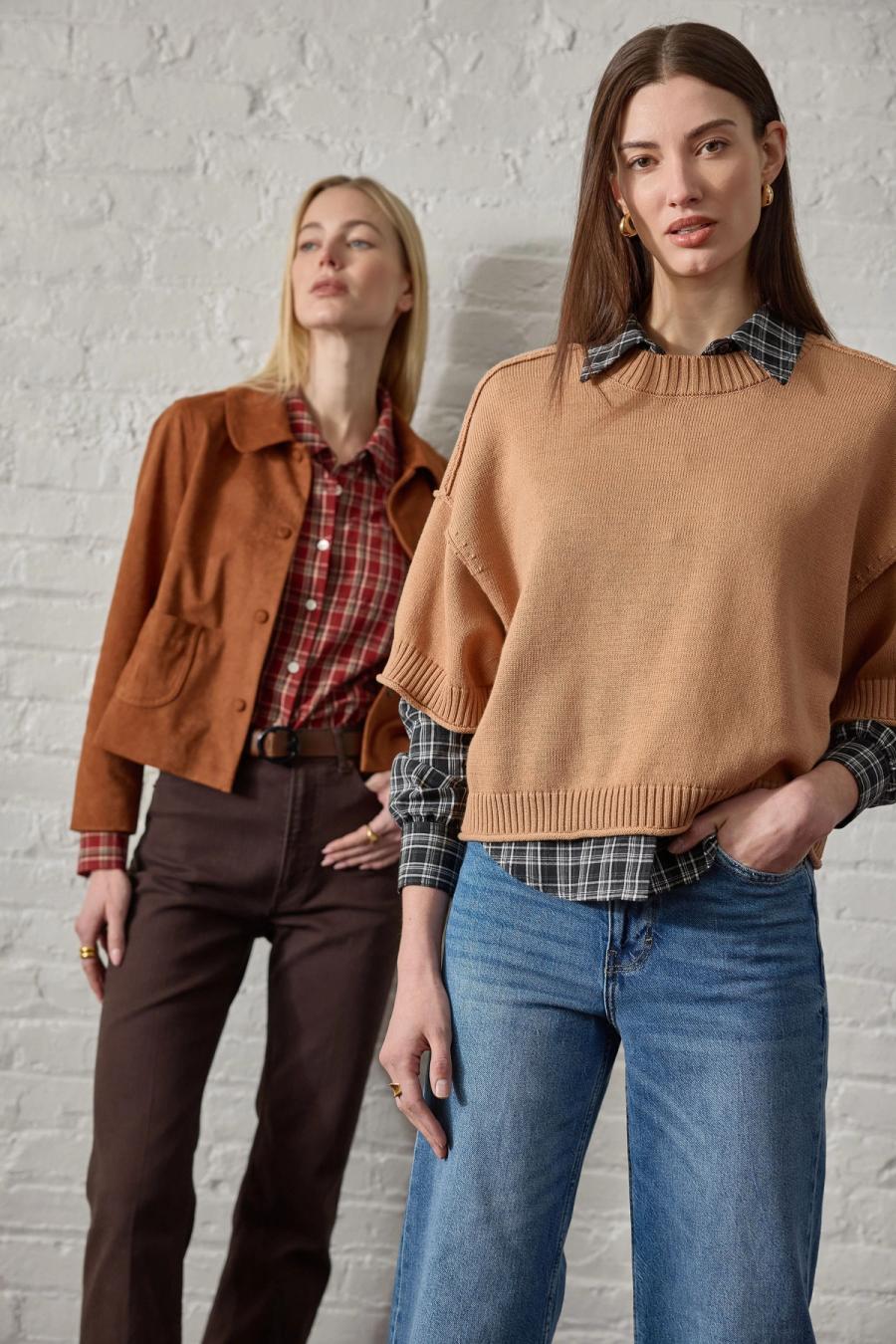 Model wearing an oversized cotton crew sweater