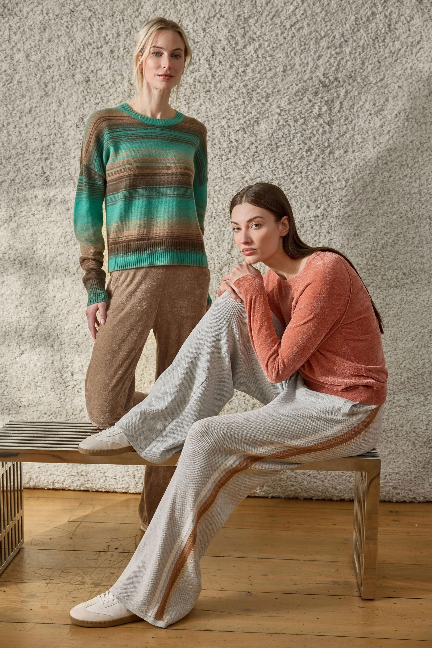Brushed Wide Leg Pant & Brushed Crew & Multi-Stripe Pant