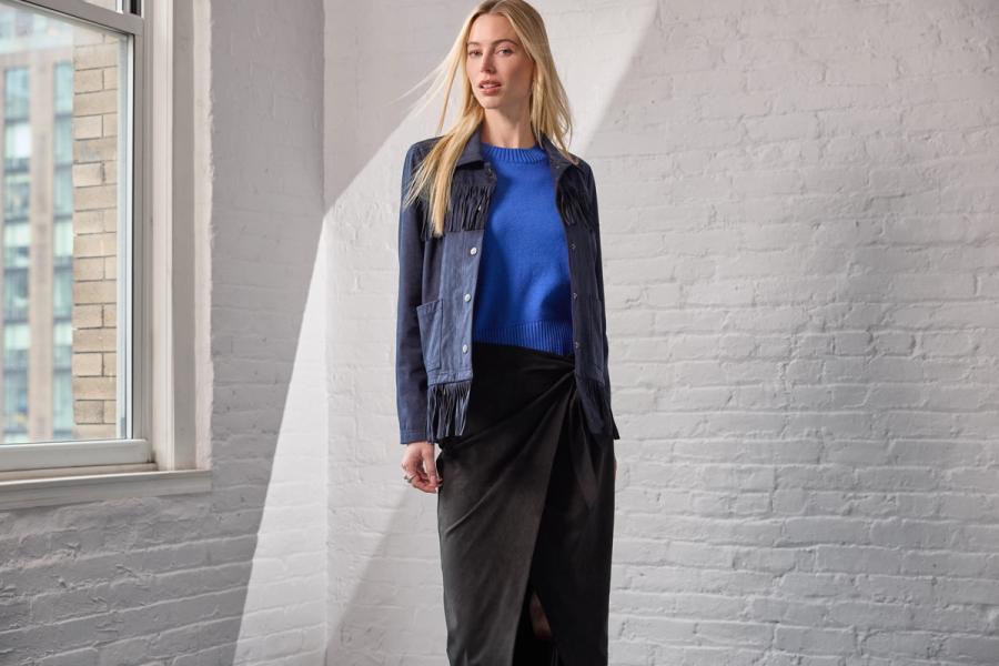 Fringe Shacket & Suede Wrap Skirt & Crew Sweatshirt
