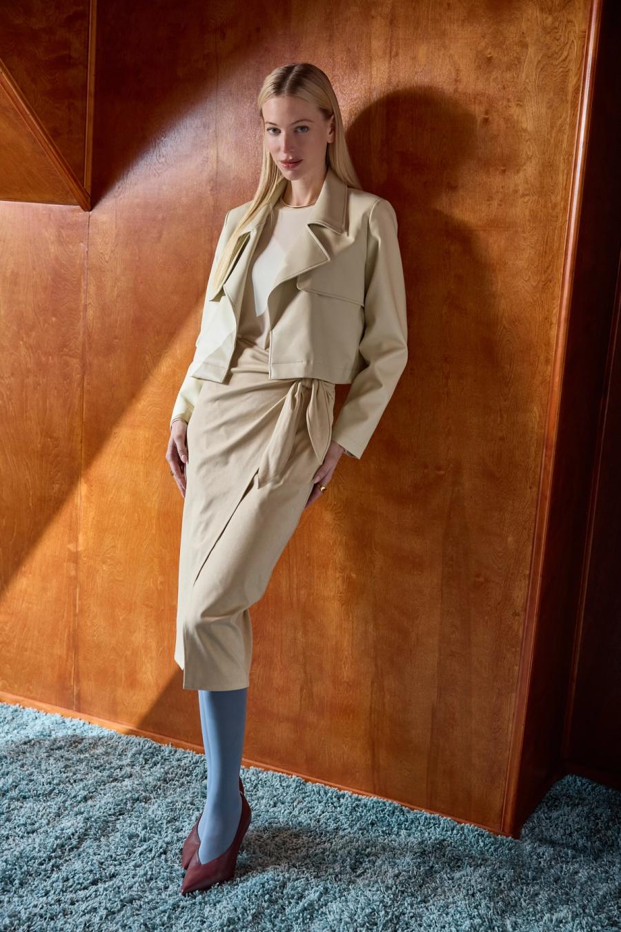 Suede Wrap Skirt & Open Crop Trench
