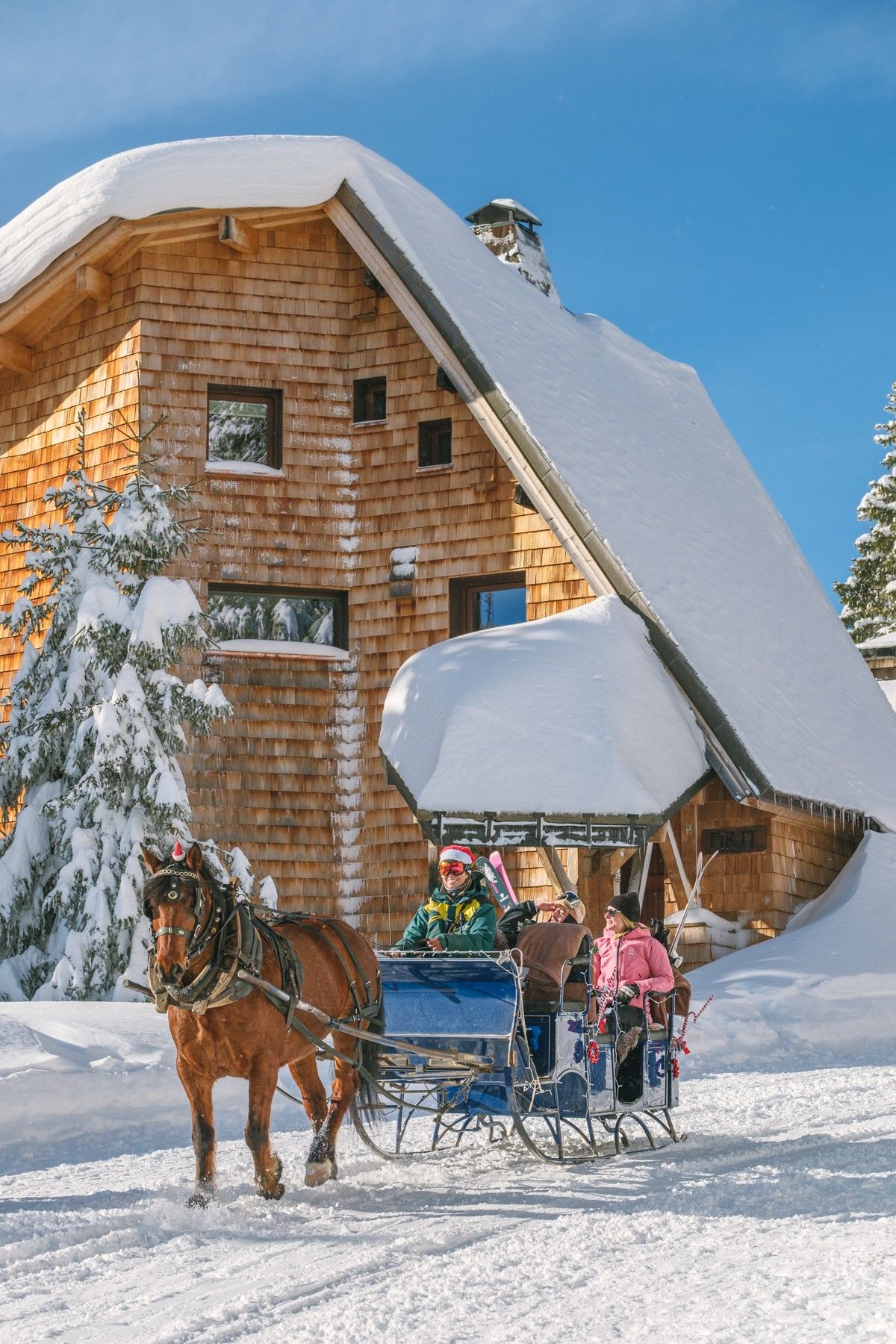 Horse-drawn sleigh rides past a snow-covered wooden lodge on a sunny winter day
