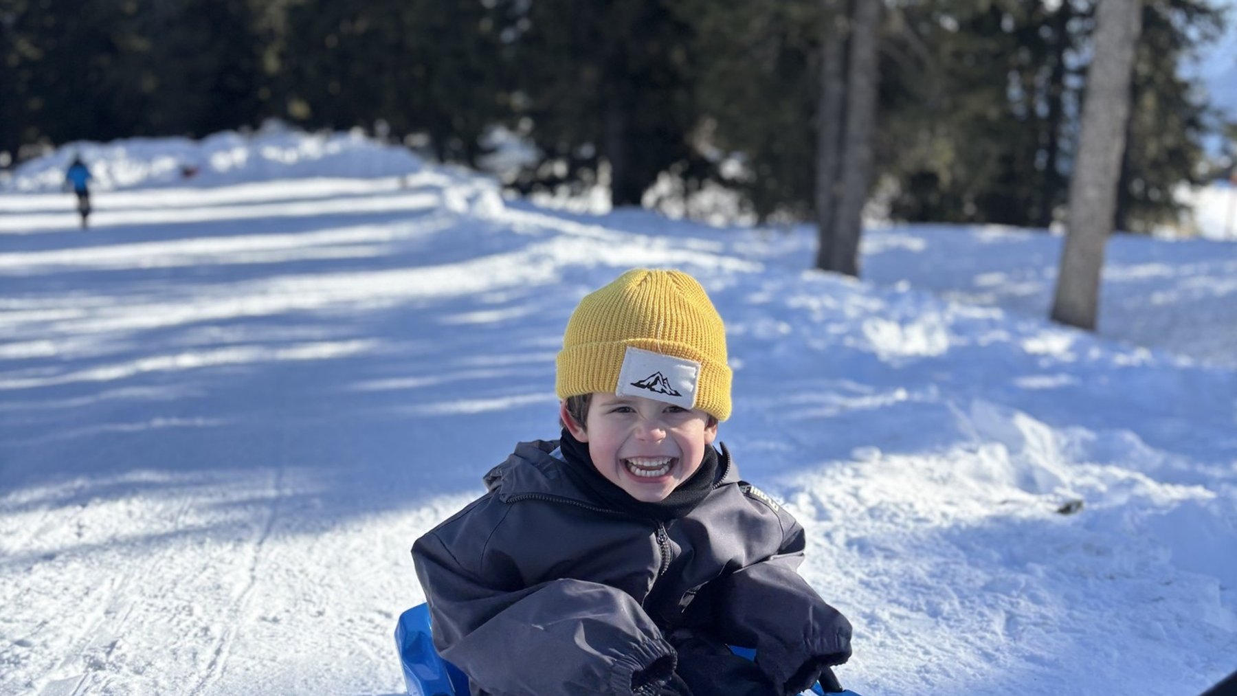 Smiling child sledding on a blue toboggan down a snowy slope in a pine forest