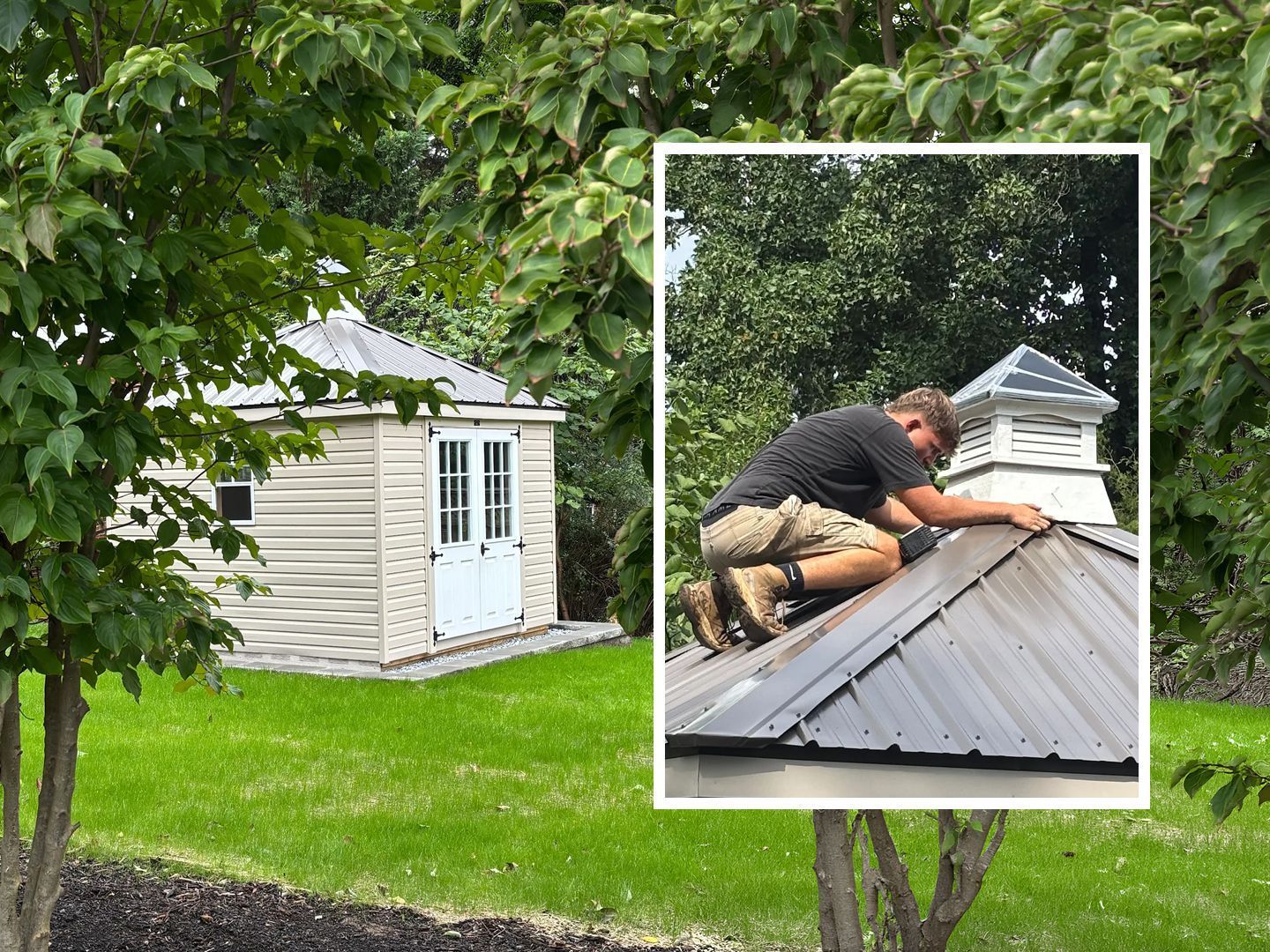 Hip roof garden shed with a cupola, and the cupola going on