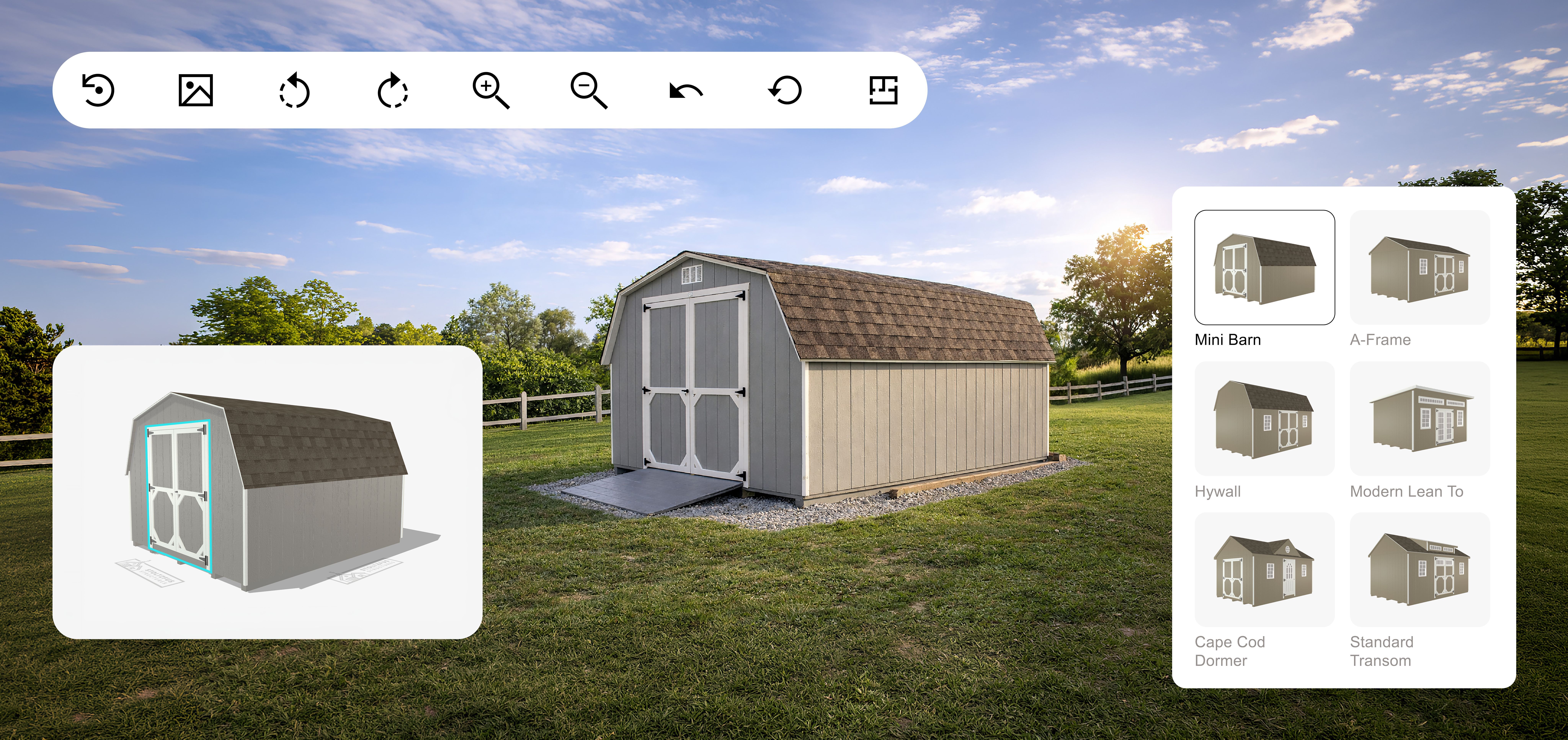 The 3D Builder: a gray mini barn shed with the style picker, a 3D preview and the design tools