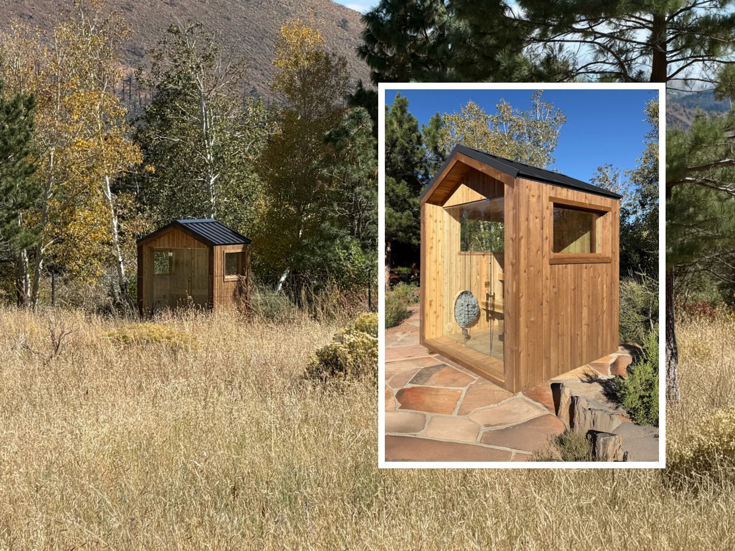 Cedar sauna with a gable roof in a mountain meadow, with an inset of its glass front and stove