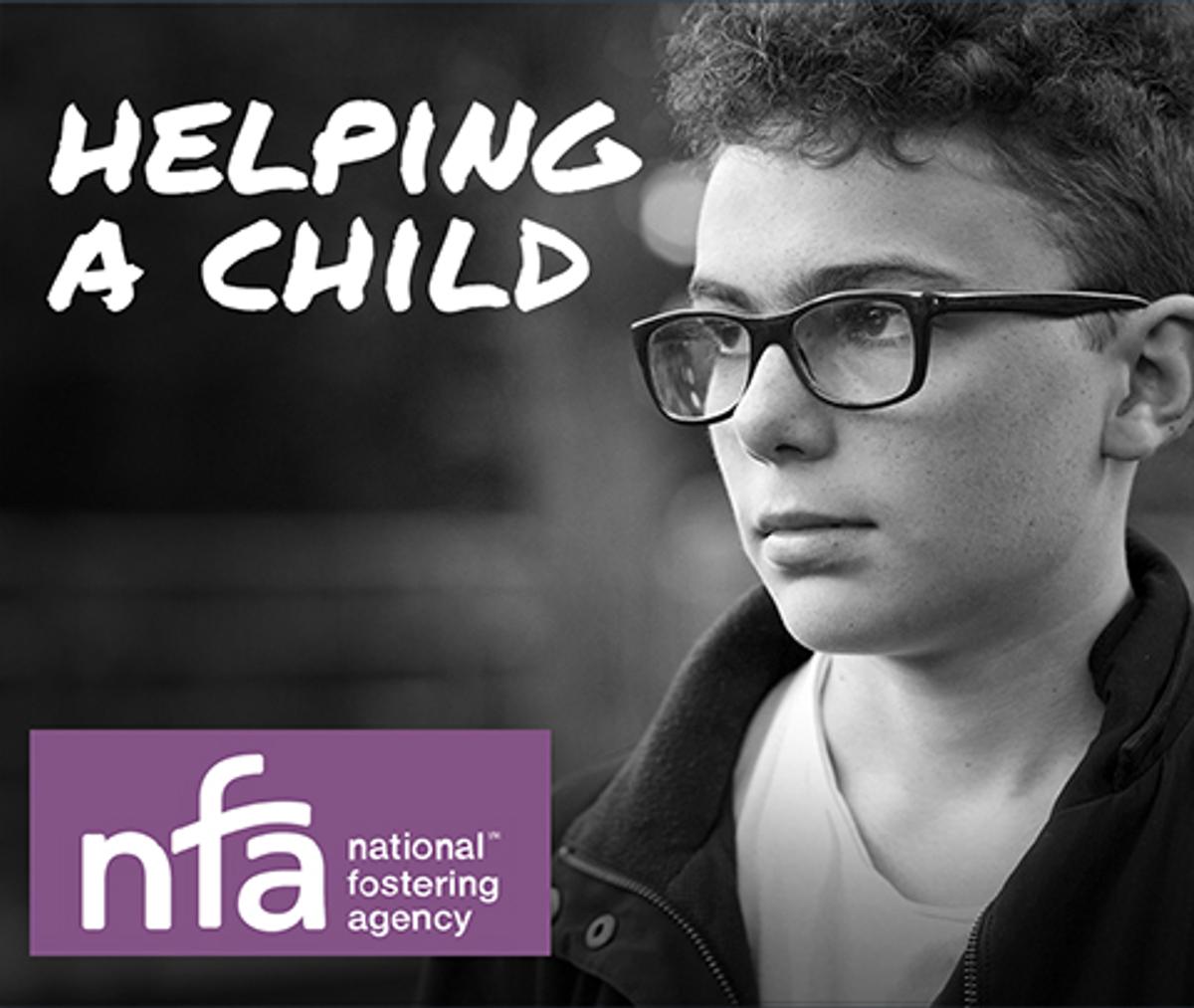 National Fostering Agency campaign web advert frame showing a black and white image of a young boy with the caption "Helping a child".