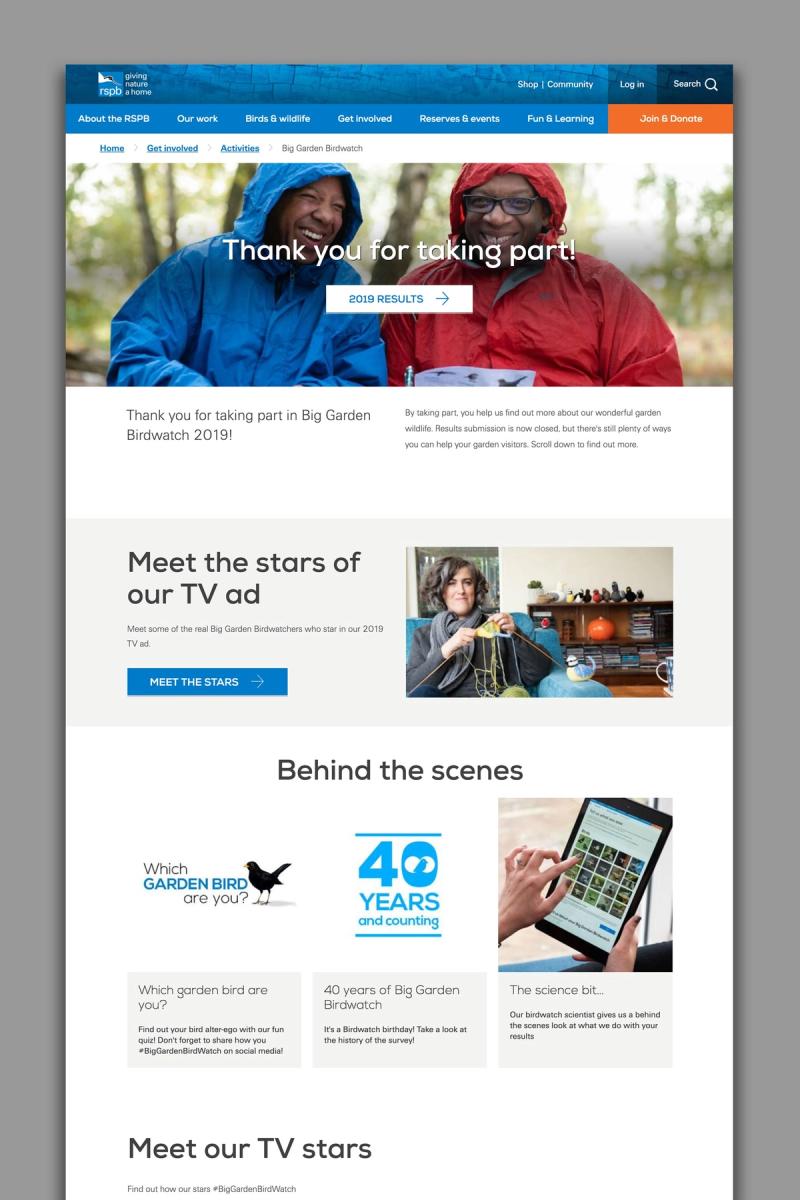 RSPB Big Garden Bird Watch campaign website landing page top half.