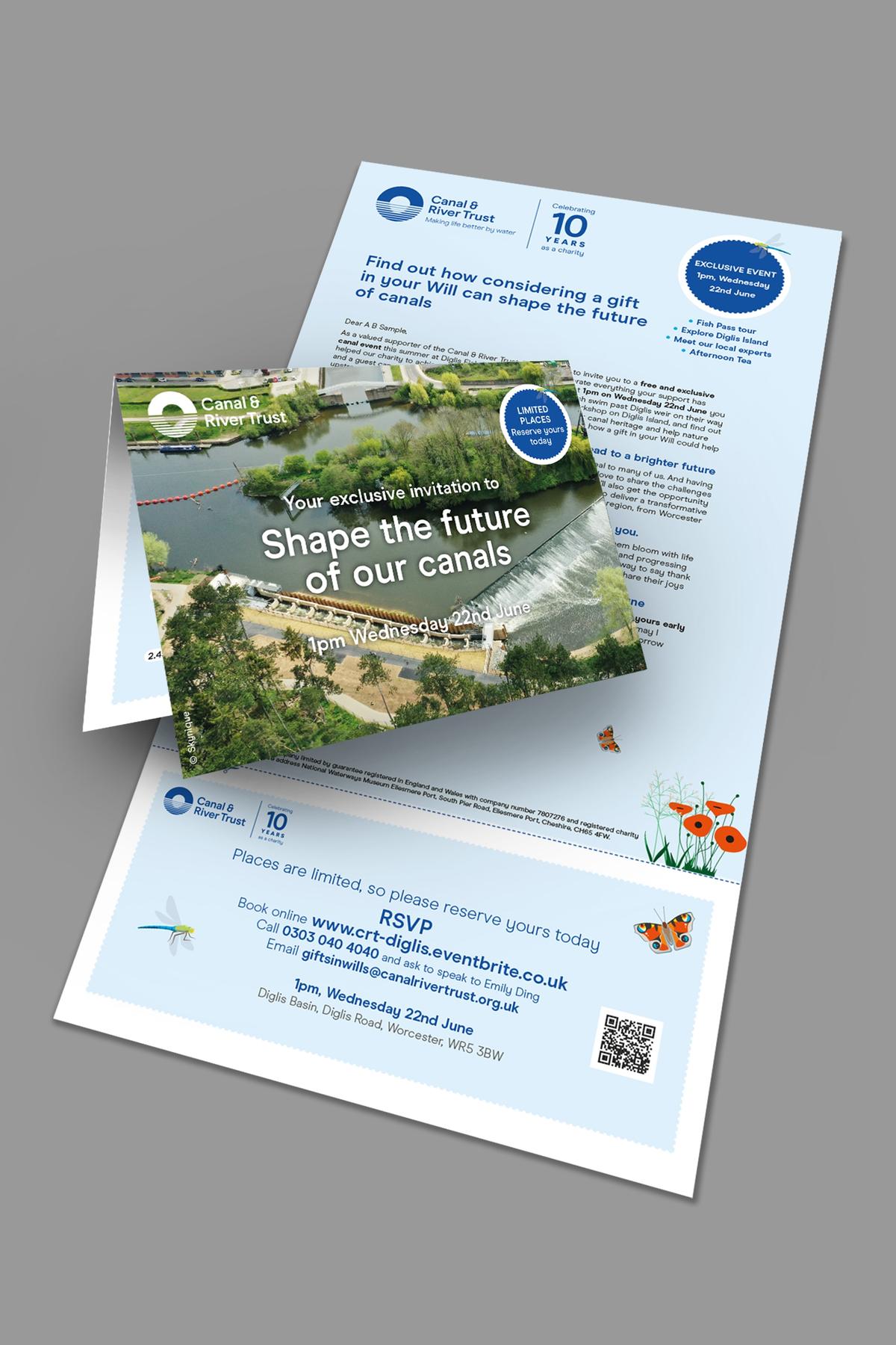 Canal & River Trust legacy engagement tent card and invitation letter for an event to 'Shape the future of our canals'.