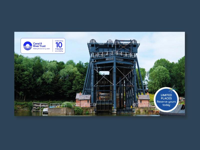 Canal & River Trust legacy engagement envelope front showing a tall, blue industrial looking canal lock.