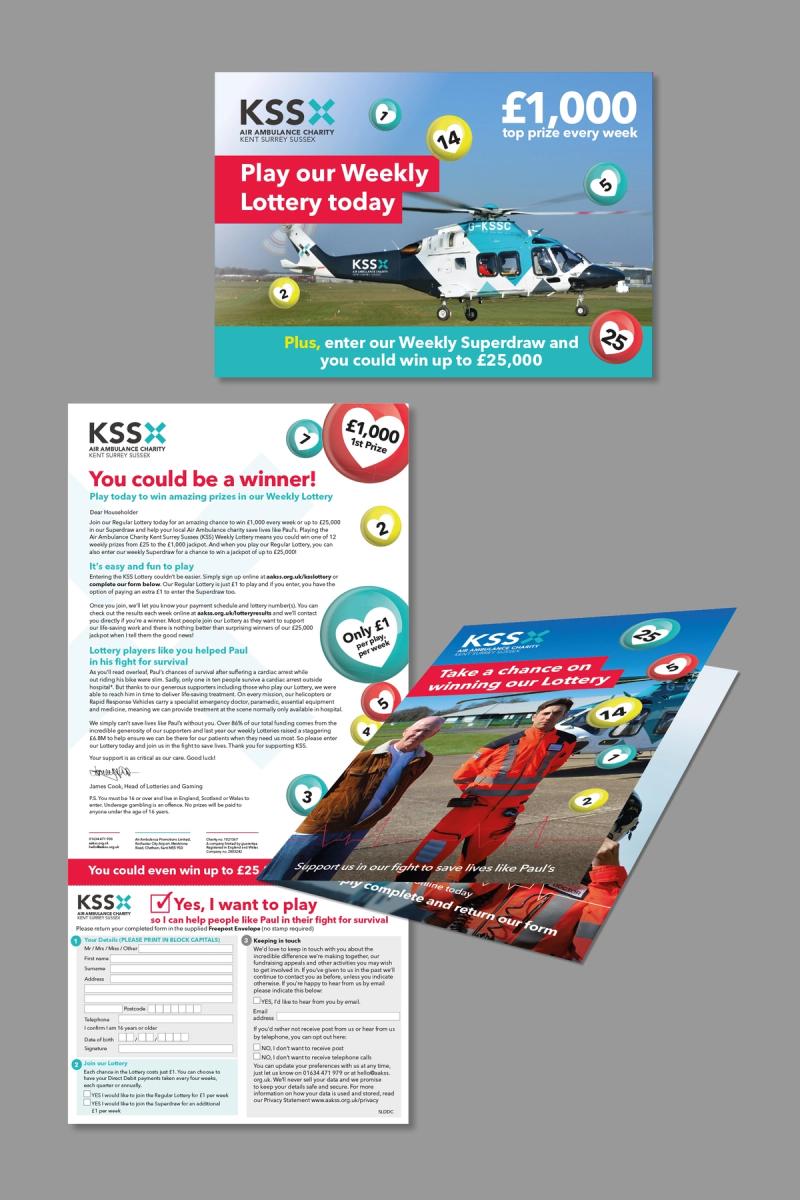KSS Air Ambulance Spring draw campaign letter with form, a folded leaflet and an envelope showing the front.