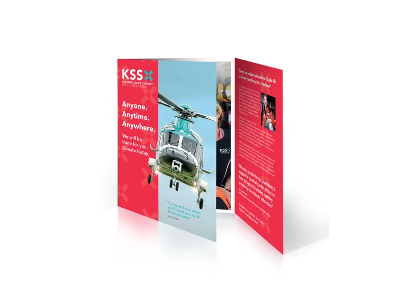 KSS Air Ambulance - Anyone. Anytime. Anywhere campaign folded mailer with a KSS helicopter on the front cover.