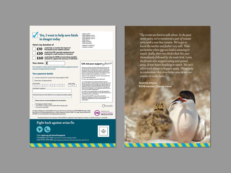RSPB Avian flu emergency appeal mailer with a donation form and campaign messages and images.