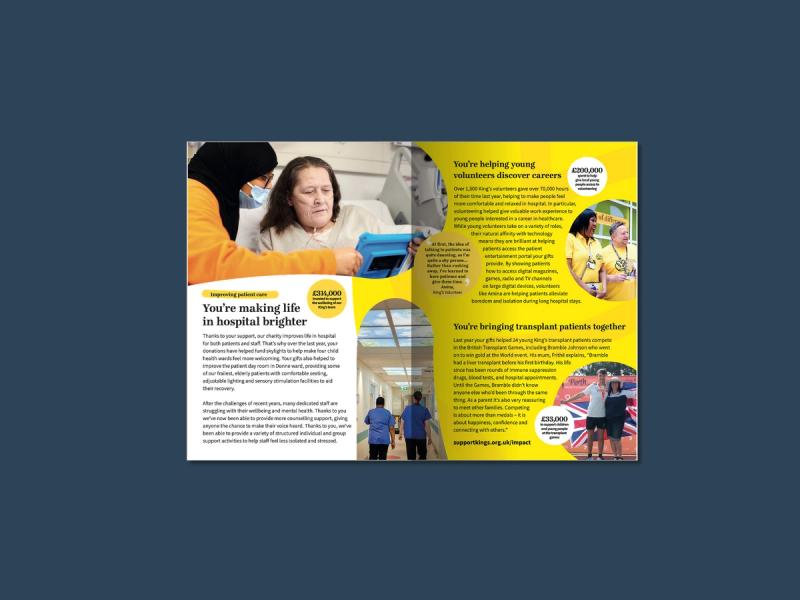 King's College Hospital Charity - Impact report mailer displaying images and information with a headline of - You're making life in hospital brighter.
