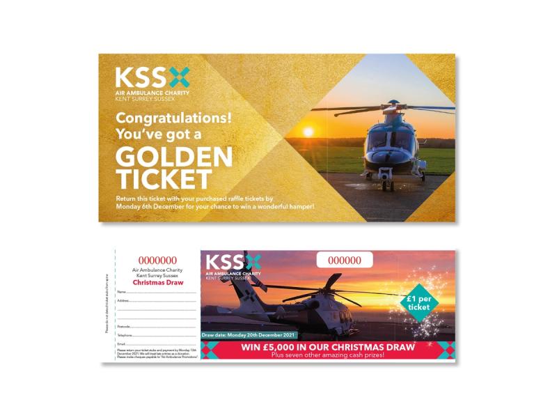 KSS Air Ambulance Christmas appeal golden ticket envelope with the caption "Congratulations you've got a golden ticket", and an example of a  draw ticket below.
